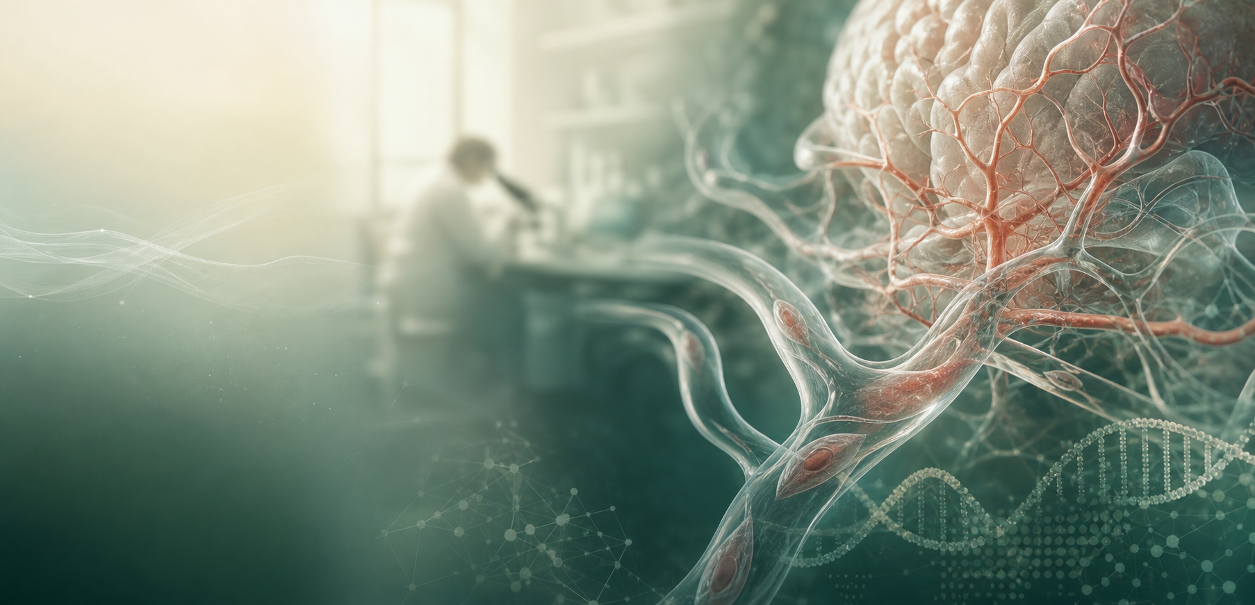 Scientific illustration of cerebral blood vessels and gene therapy research